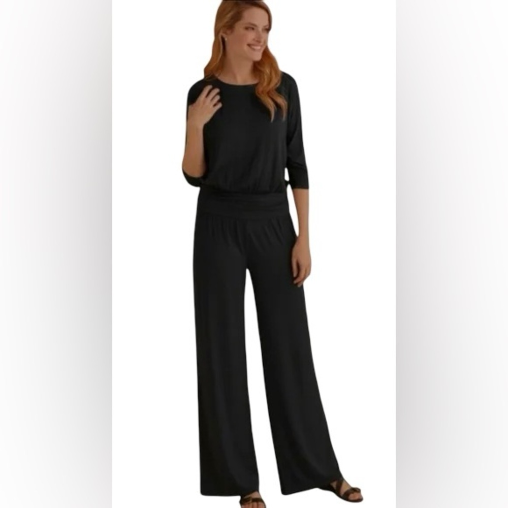 Soft Surroundings Black Modal Blend Wide Leg Jumpsuit 3/4 Sleeves Small